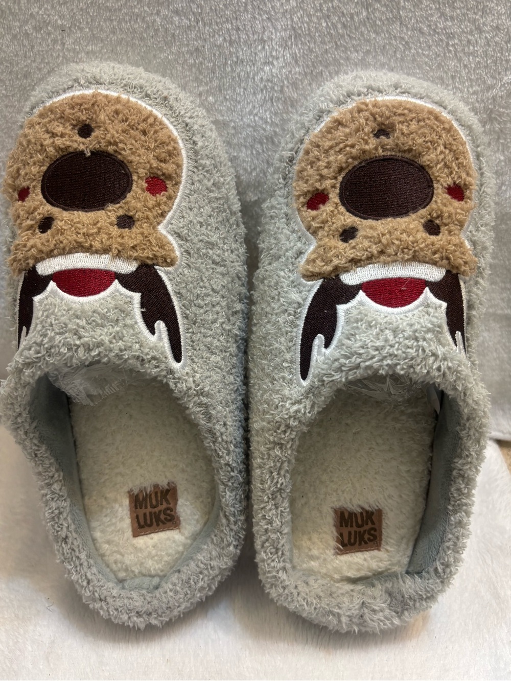 Muk Luks Blue and Gray Plush Textile Slippers7/8